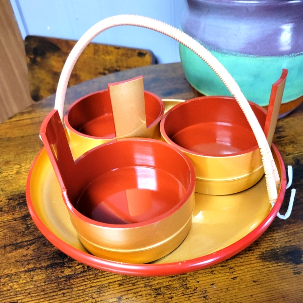 Very Rare Vintage Red/gold betel nut box red laquered tray/3 bowls